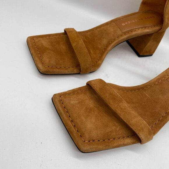 Good American Shoes Sz 5 Tan Suede Ankle Strap Heeled Sandals‎ Block Heel Dressy - Picture 7 of 11